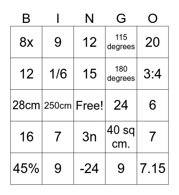 MATH BINGO Card