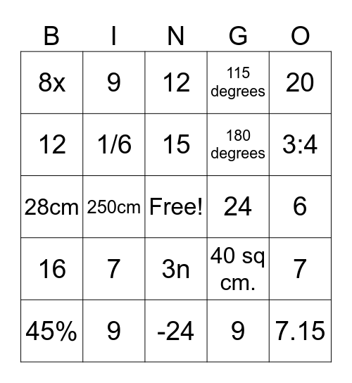 MATH BINGO Card