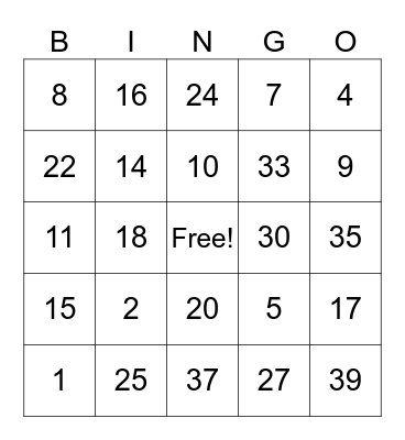 Number bingo Card