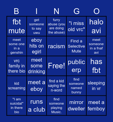 VR CHAT Bingo Card