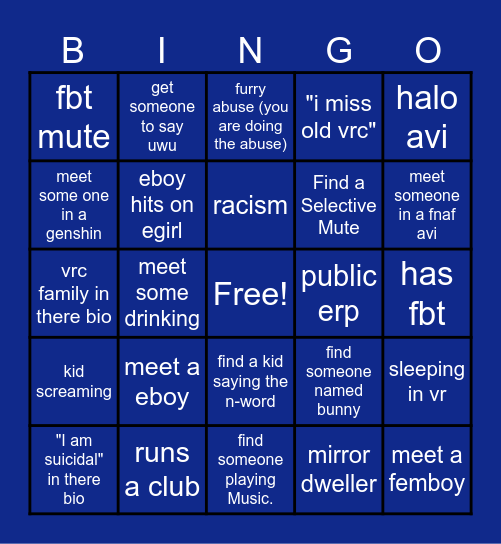 VR CHAT Bingo Card