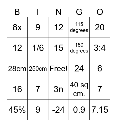 Math Bingo Card