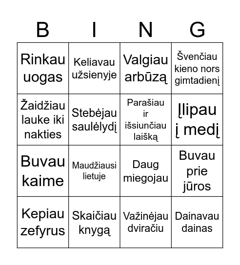 Vasaros atostogų BINGO Card