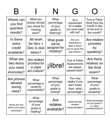 Class Expectations Bingo Card
