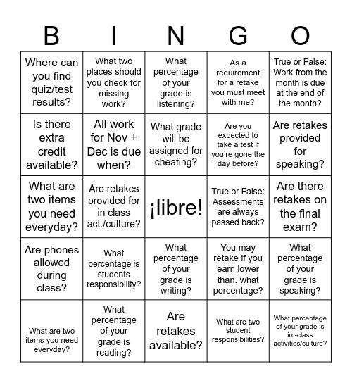 Class Expectations Bingo Card
