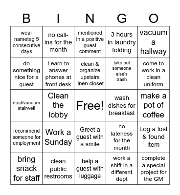 Housekeeping Week Bingo Card