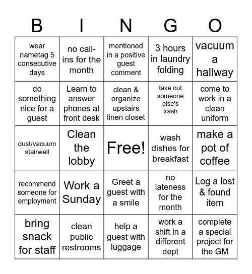 Housekeeping Week Bingo Card