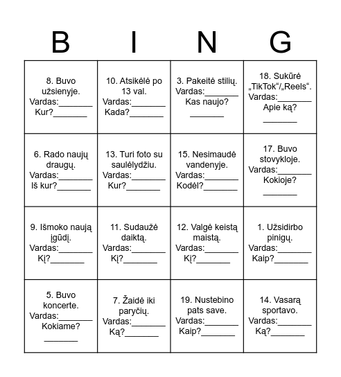 VASARA Bingo Card