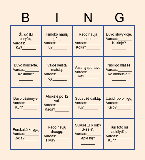 VASARA Bingo Card