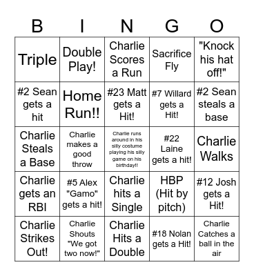 CHARLIE'S BIRTHDAY BASEBALL... Bingo Card