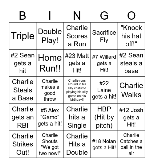CHARLIE'S BIRTHDAY BASEBALL... Bingo Card