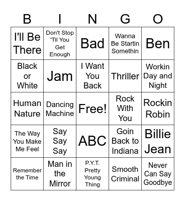 Michael Jackson Songs Bingo Card