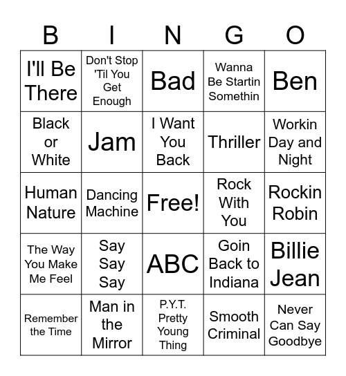 Michael Jackson Songs Bingo Card