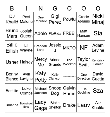 Skyler's Musical Bingo Card