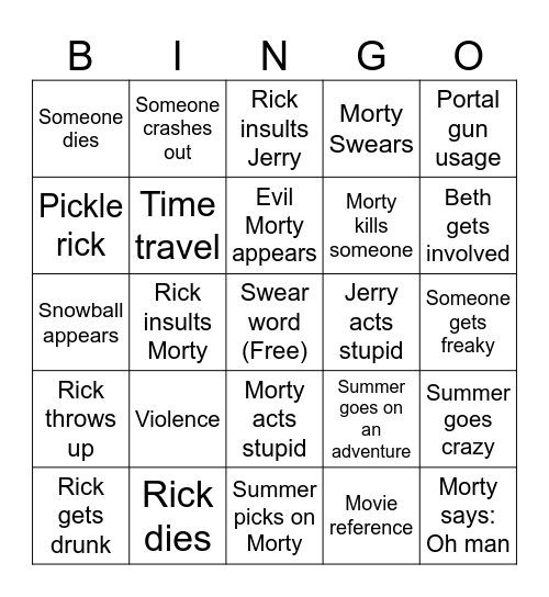 Rick and Morty bingo Card