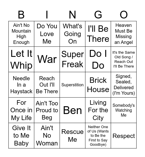 Motown Hits Bingo Card