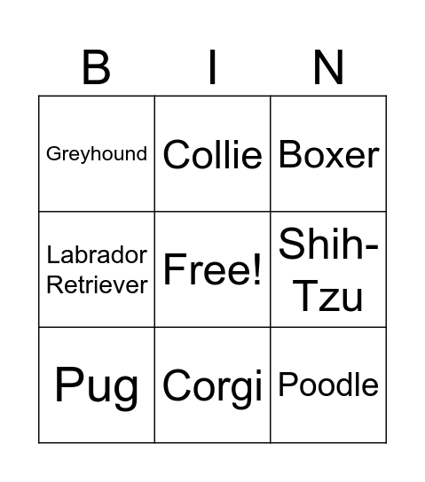 Dog Breed Bingo Card