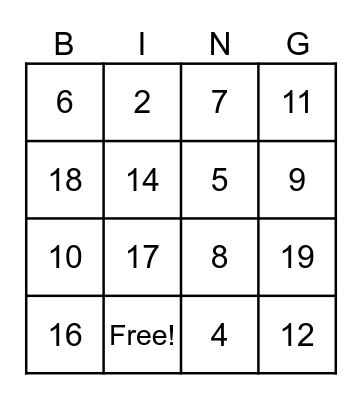 Les nombres Bingo Card