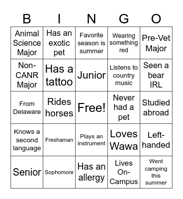 Animal Science Club Icebreaker Bingo Card