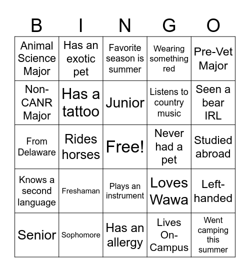 Animal Science Club Icebreaker Bingo Card