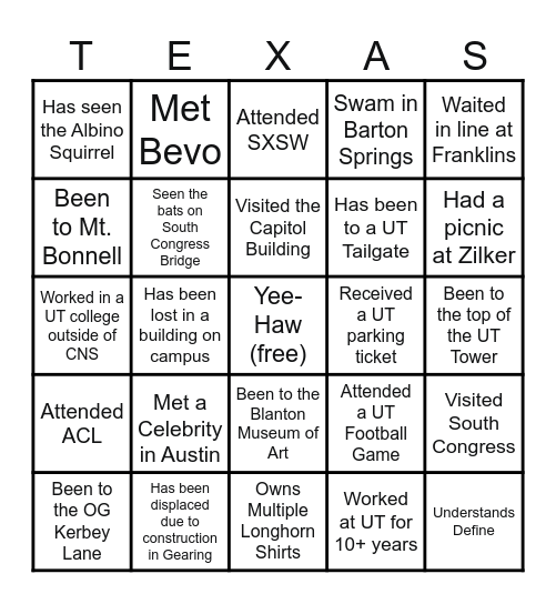 Austin/UT Bingo Card