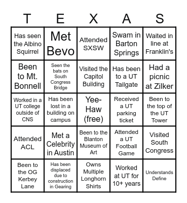 Austin/UT Bingo Card