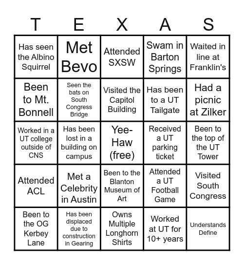 Austin/UT Bingo Card