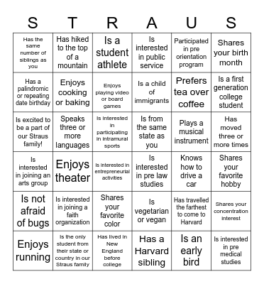 Straus 2030 Welcome Bingo Card