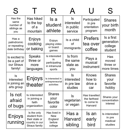 Straus 2030 Welcome Bingo Card