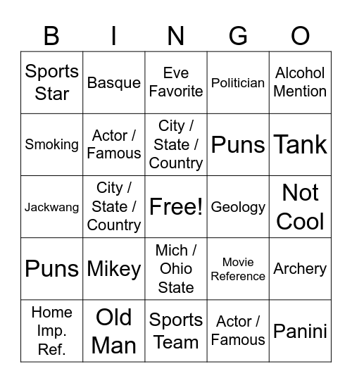 Last Man Standing Bingo Card