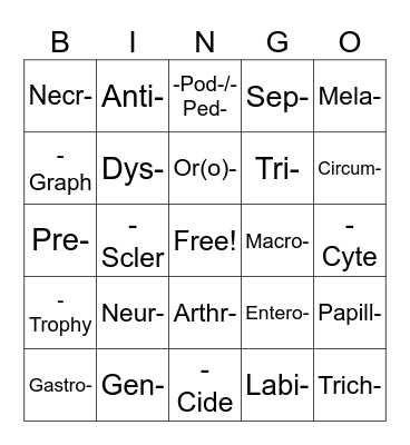 Root Terms Bingo Card