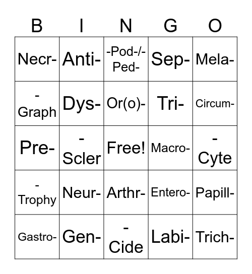 Root Terms Bingo Card