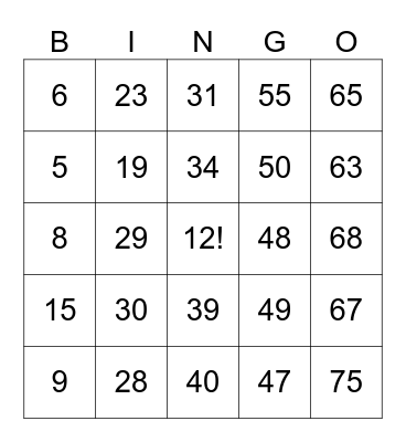 Number Bingo 1-75 Bingo Card