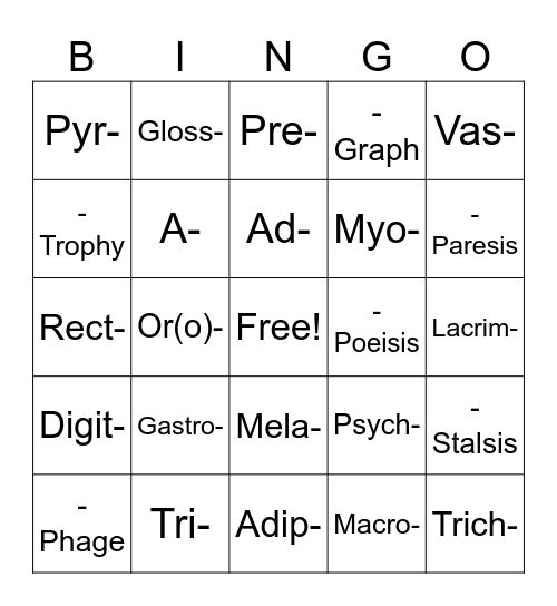 Root Terms Bingo Card
