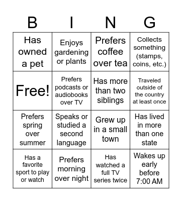Get to know you Bingo Card