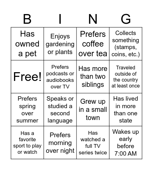 Get to know you Bingo Card