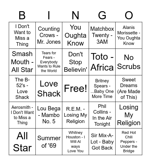 80s to 90s All Genres Bingo Card