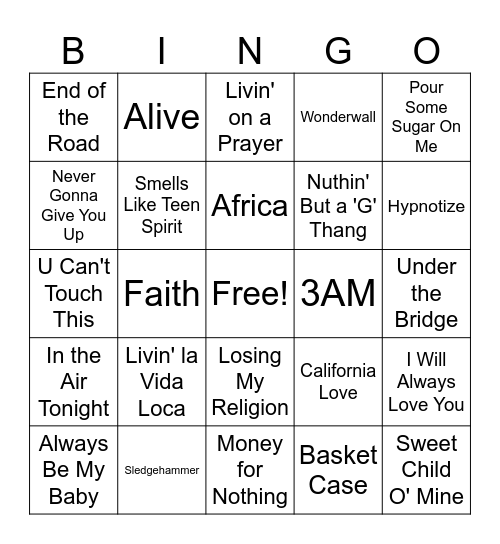 80's and 90's Bingo Card