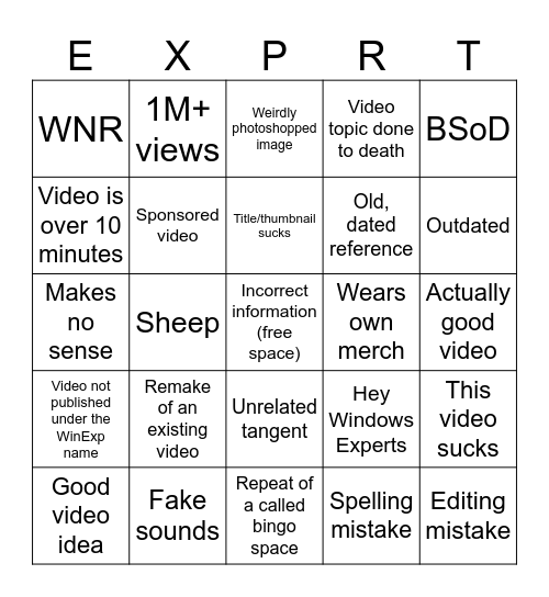 Windows Expert Bingo Card
