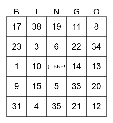 ¡LOTERÍA! Números 0-39 Bingo Card