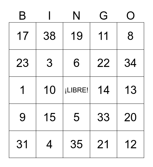 ¡LOTERÍA! Números 0-39 Bingo Card