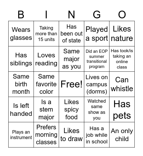 Name, Major, Year, Favorite class your taking this semester Bingo Card