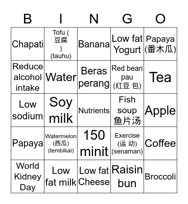 healthy kidneys! Bingo Card