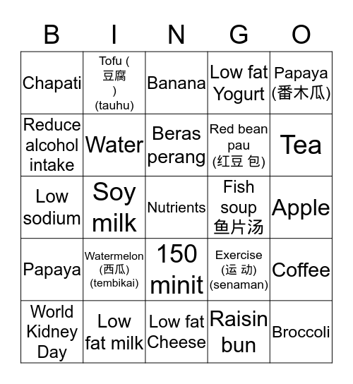 healthy kidneys! Bingo Card