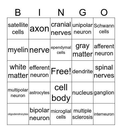 Neural Tissue Bingo Card