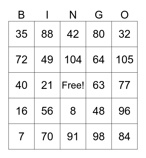7's and 8's Multiplication Tables Bingo Card