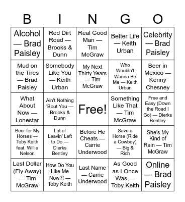 2000's Country Bingo Card