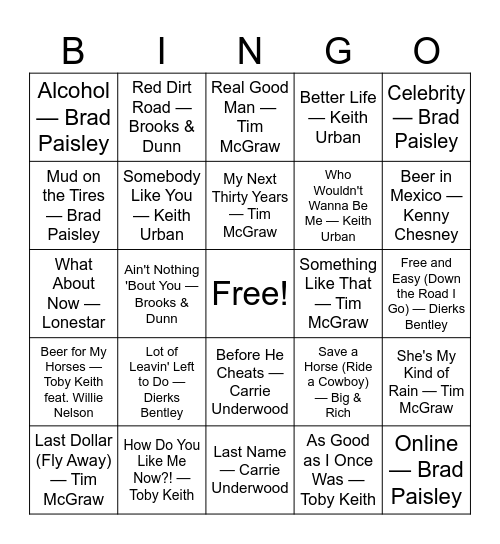 2000's Country Bingo Card