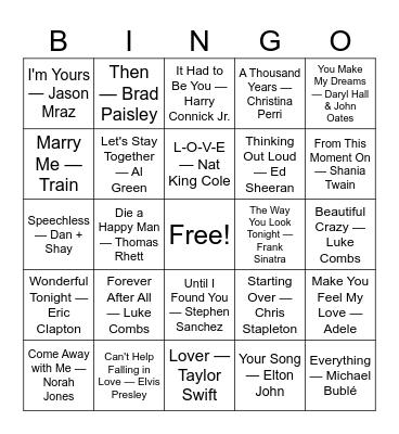 Wedding Songs/First Dance Bingo Card