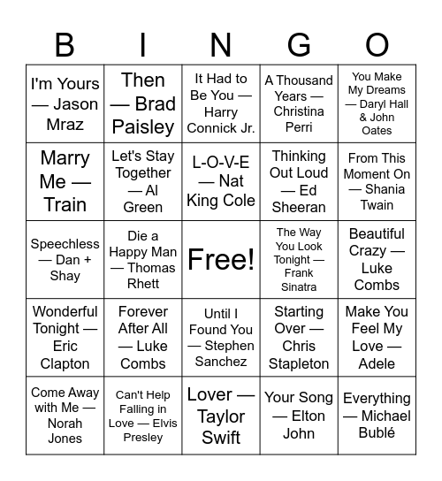 Wedding Songs/First Dance Bingo Card